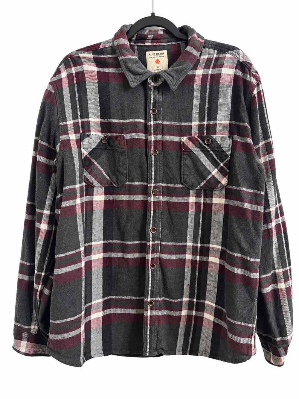 Ruff Hewn Men’s Plaid Flannel Shirt Gray Burgundy Button Up Shacket Rugged XL